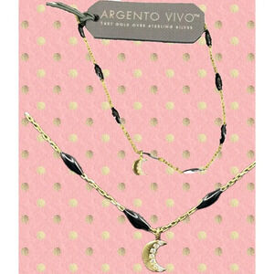 Argento Vivo Sterling Silver 14K Gp Mini Pave Crescent Moon Black Bead Necklace